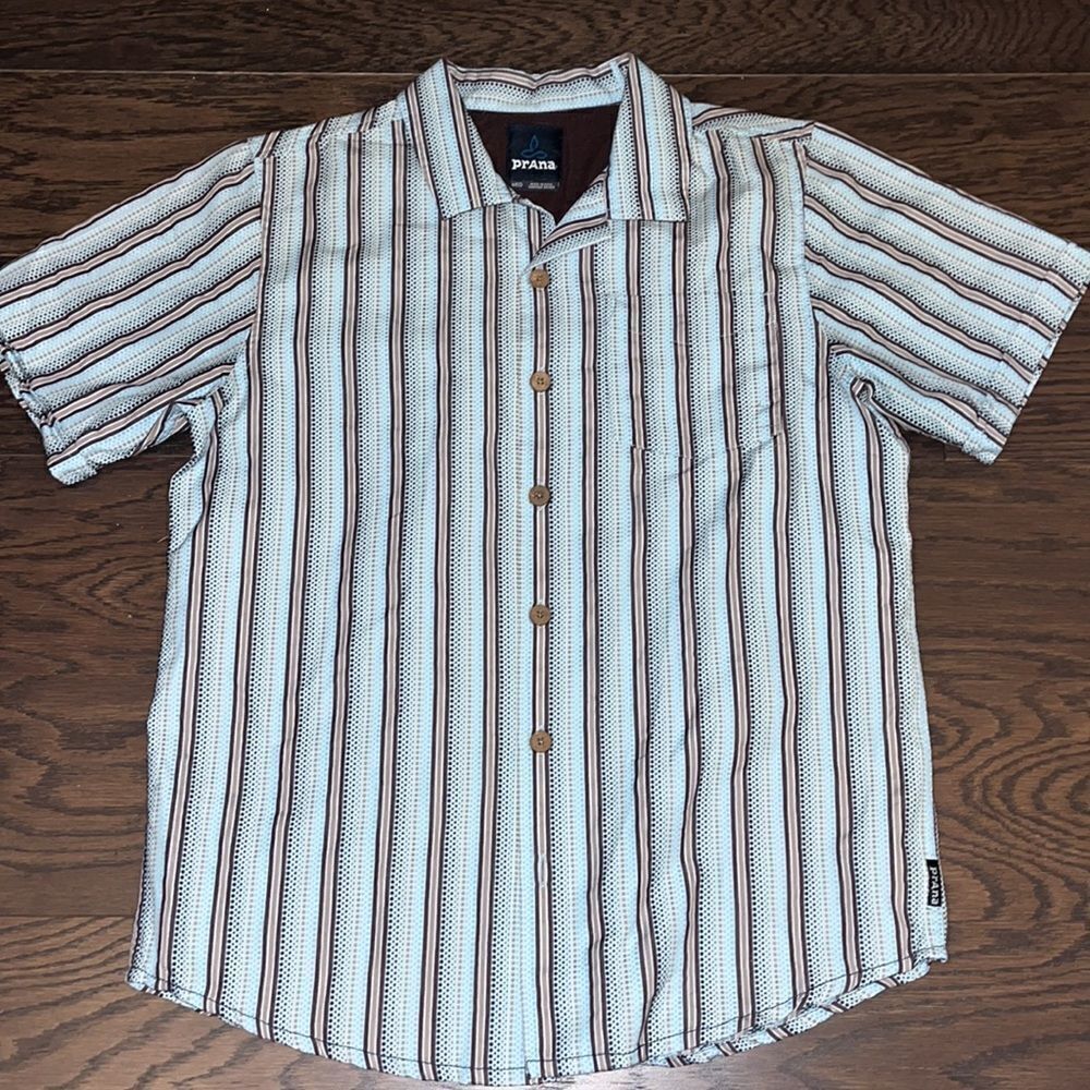 Blue Brown Stripe pocket sustainable Hiking Hawaii style trail shirt M organic